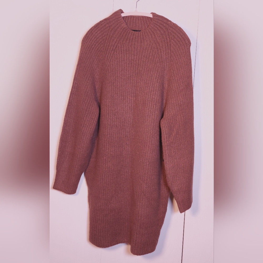 Express Chocolate NWT Raglan Long Sleeve Rib-Knit Sweater Dress Size Medium Mini - Picture 3 of 14